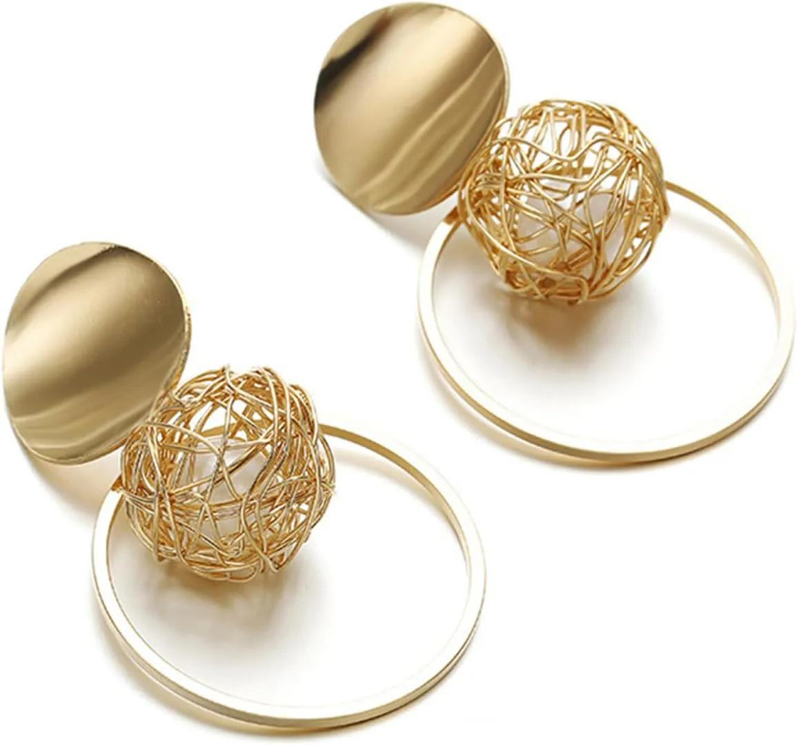 Gold Plated Round Disc Earrings for Women Bohemian Elegant Double Layered Hollow Twist Wire Ball Woven Love Knot Ball Caged Pearl Dangle Drop Earrings for Birthday Jewelry Gifts
