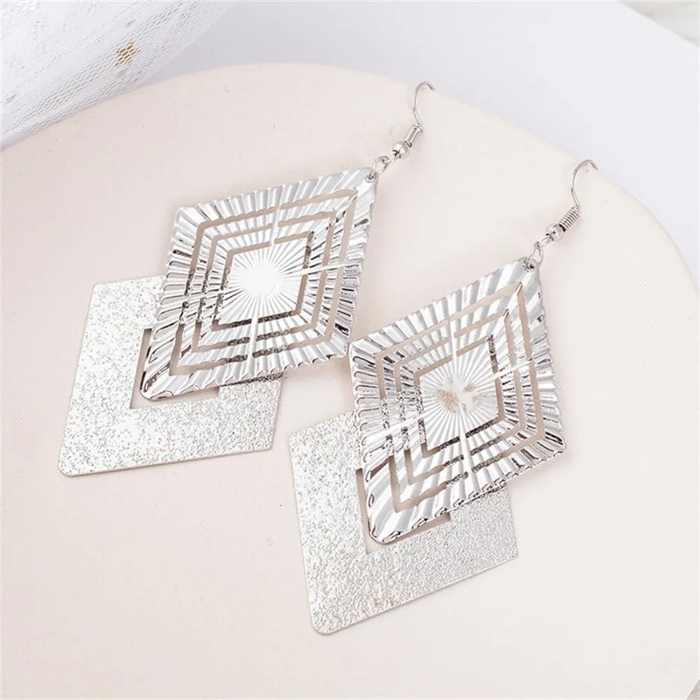 Gold Silver Geometric Dangle Earring for Women Bohemian Dangling Drop Earrings Exaggerated Metal Geometric Earrings