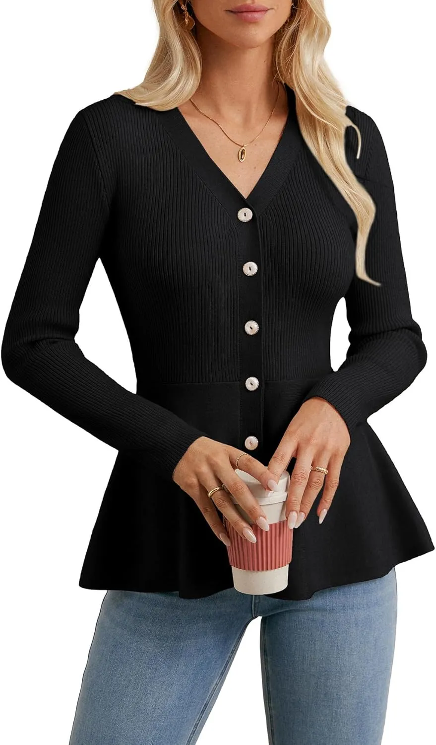 GRACE KARIN Womens Peplum Cardigan Wool Blend Button Down Sweaters Long Sleeve Casual Ribbed Knit Tops