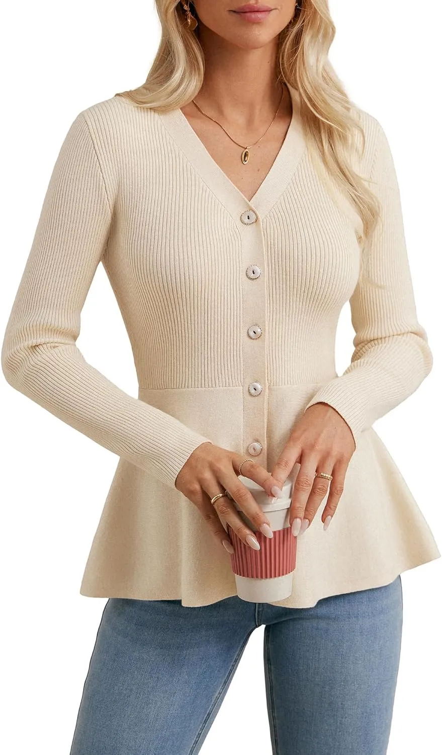 GRACE KARIN Womens Peplum Cardigan Wool Blend Button Down Sweaters Long Sleeve Casual Ribbed Knit Tops