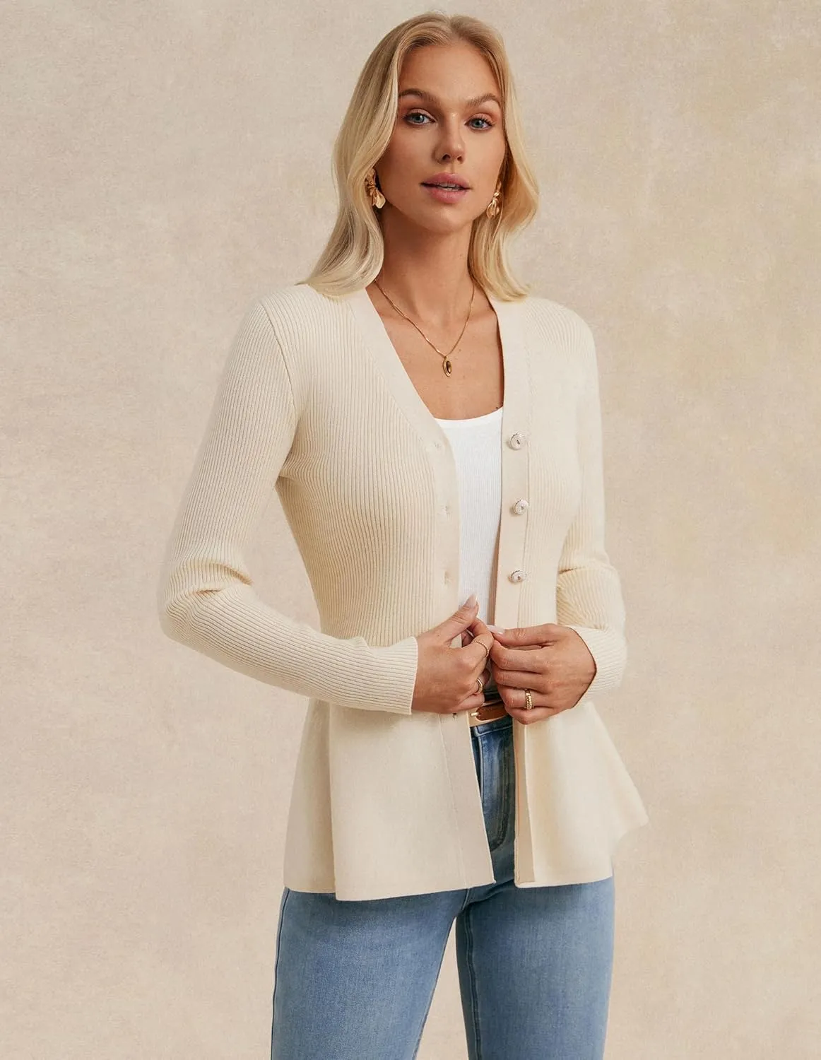 GRACE KARIN Womens Peplum Cardigan Wool Blend Button Down Sweaters Long Sleeve Casual Ribbed Knit Tops