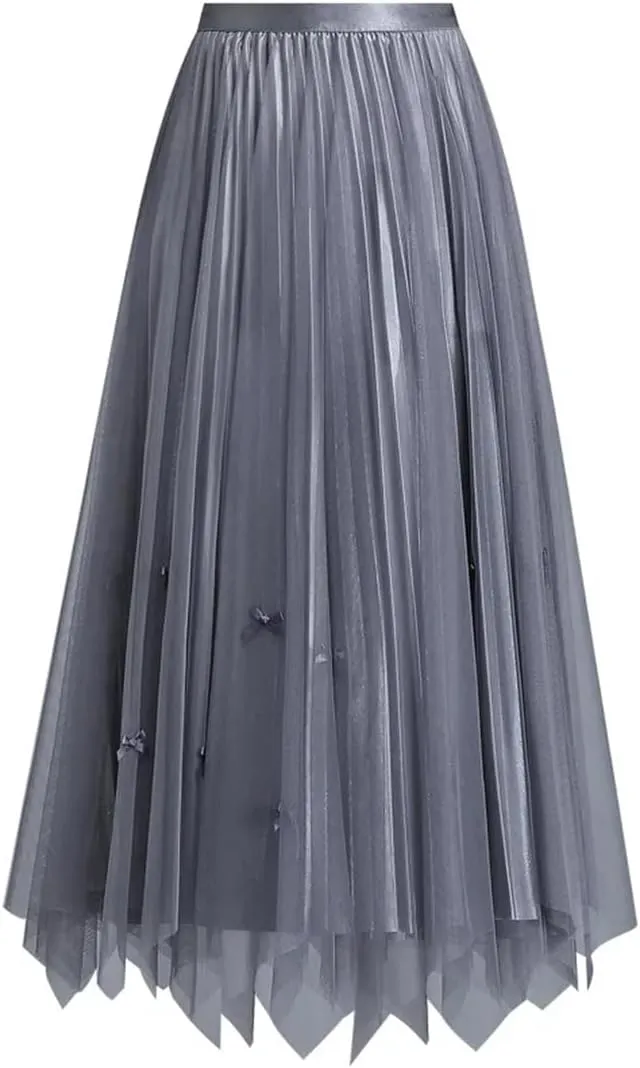 Hcclijo Women Spring Summer Mesh Midiskirt Overknee Temperament Elegant Double-Sided Bow Pleated Skirt