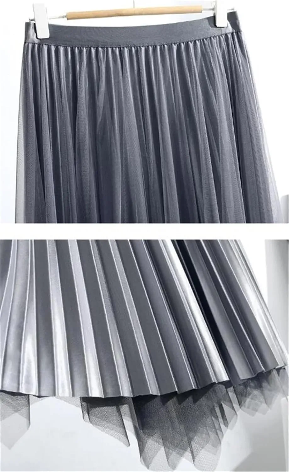 Hcclijo Women Spring Summer Mesh Midiskirt Overknee Temperament Elegant Double-Sided Bow Pleated Skirt