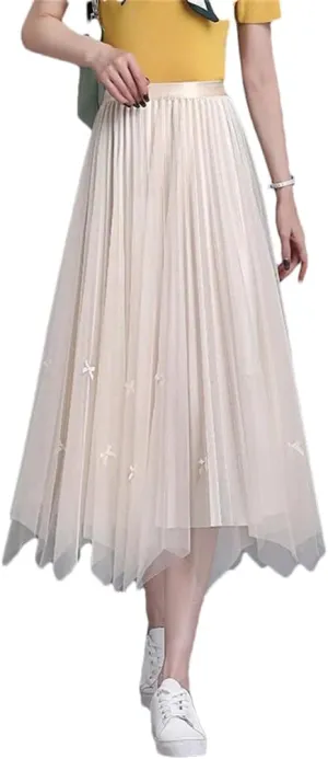 Hcclijo Women Spring Summer Mesh Midiskirt Overknee Temperament Elegant Double-Sided Bow Pleated Skirt