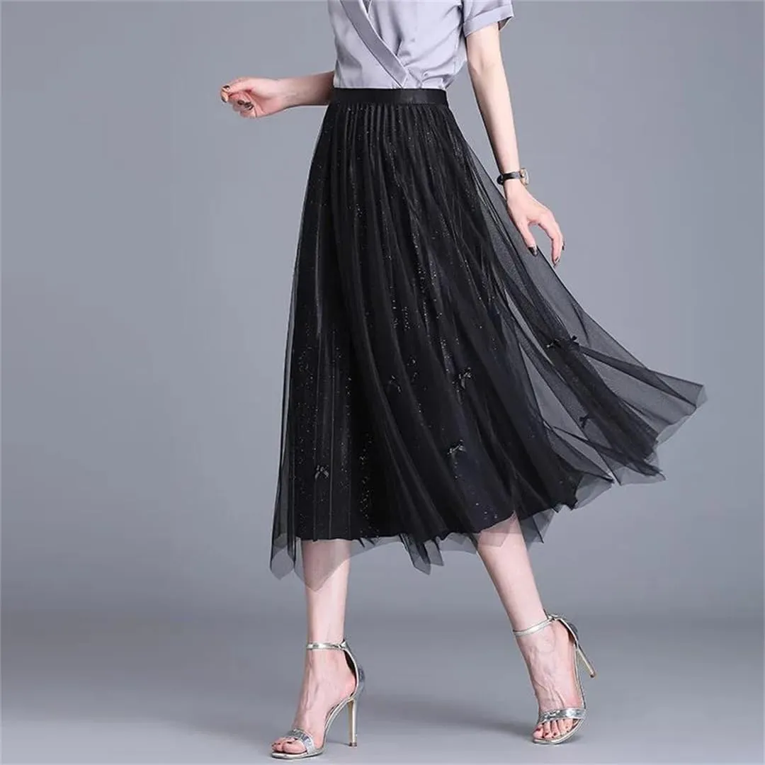 Hcclijo Women Spring Summer Mesh Midiskirt Overknee Temperament Elegant Double-Sided Bow Pleated Skirt