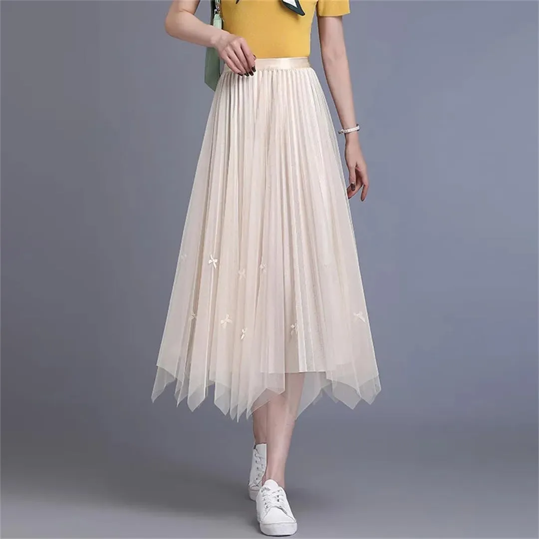 Hcclijo Women Spring Summer Mesh Midiskirt Overknee Temperament Elegant Double-Sided Bow Pleated Skirt