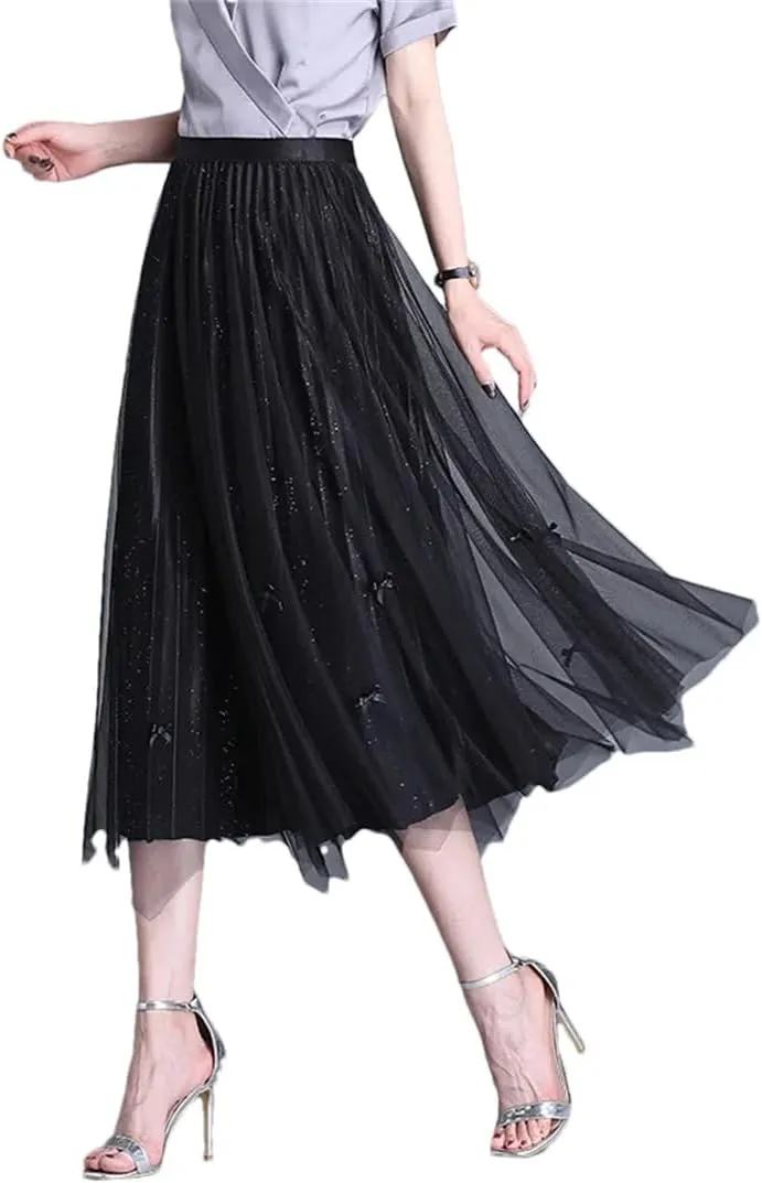 Hcclijo Women Spring Summer Mesh Midiskirt Overknee Temperament Elegant Double-Sided Bow Pleated Skirt