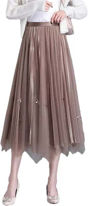 Hcclijo Women Spring Summer Mesh Midiskirt Overknee Temperament Elegant Double-Sided Bow Pleated Skirt