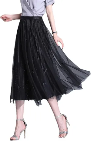 Hcclijo Women Spring Summer Mesh Midiskirt Overknee Temperament Elegant Double-Sided Bow Pleated Skirt