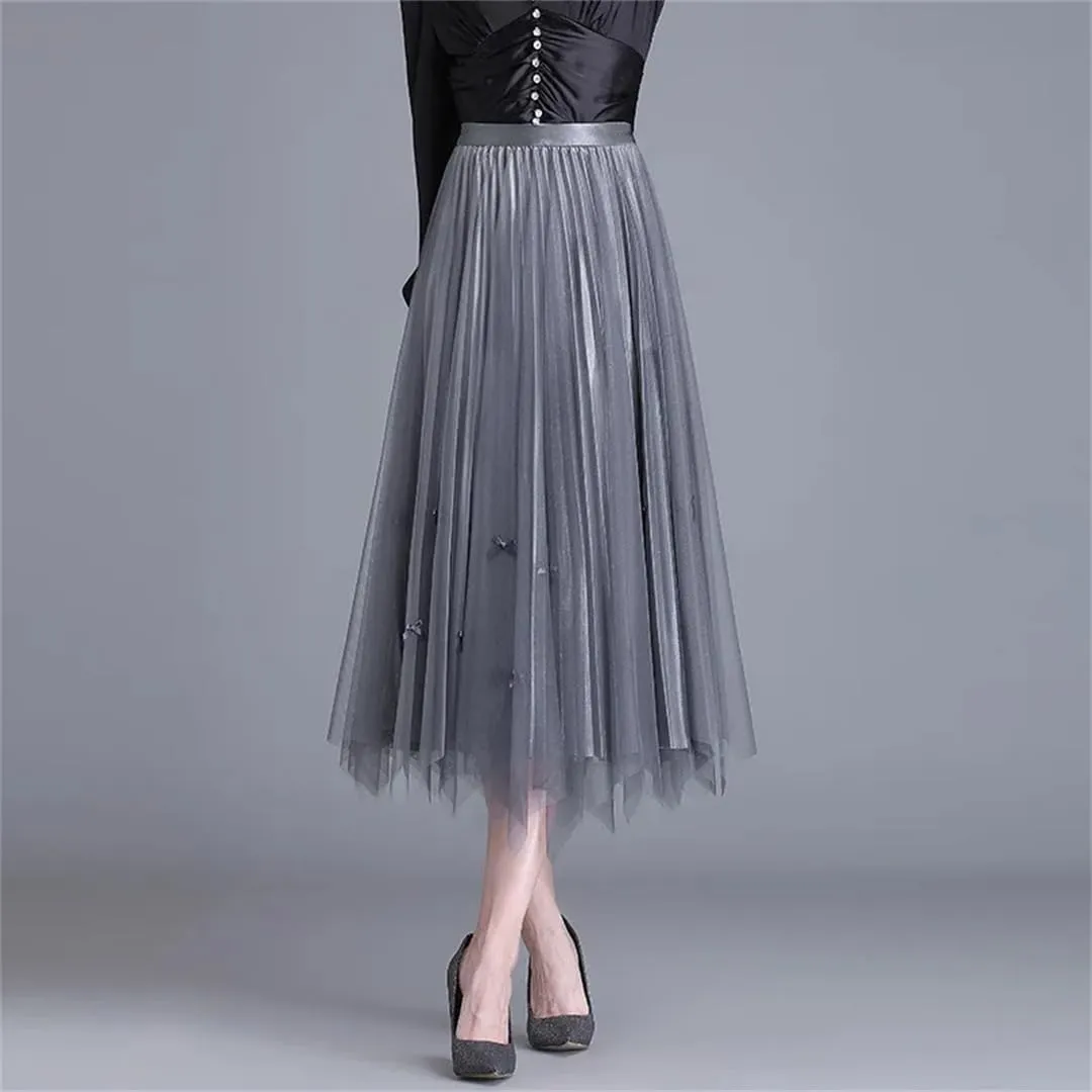 Hcclijo Women Spring Summer Mesh Midiskirt Overknee Temperament Elegant Double-Sided Bow Pleated Skirt