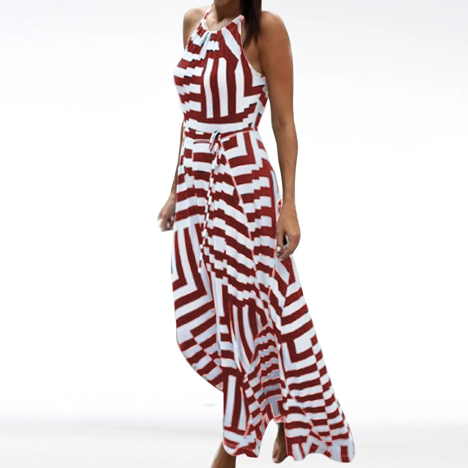 HGps8w Flowy Halter Dresses for Women Striped Sundress Summer Sleeveless Ruffle A Line Beach Vacation Maxi Dress