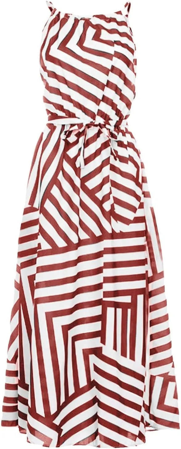 HGps8w Flowy Halter Dresses for Women Striped Sundress Summer Sleeveless Ruffle A Line Beach Vacation Maxi Dress