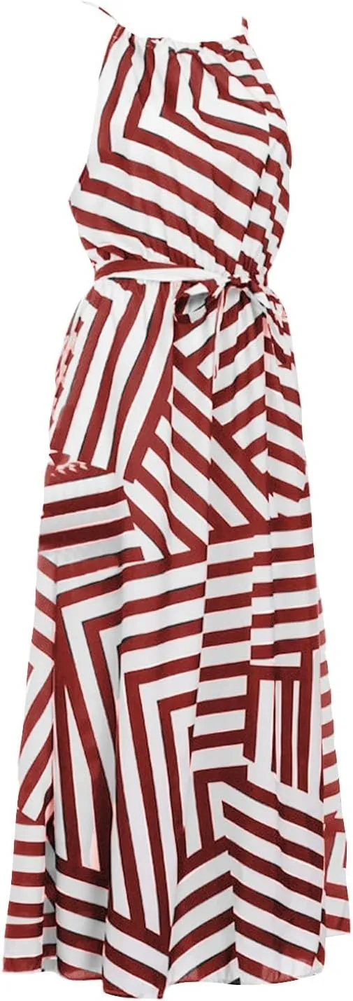 HGps8w Flowy Halter Dresses for Women Striped Sundress Summer Sleeveless Ruffle A Line Beach Vacation Maxi Dress