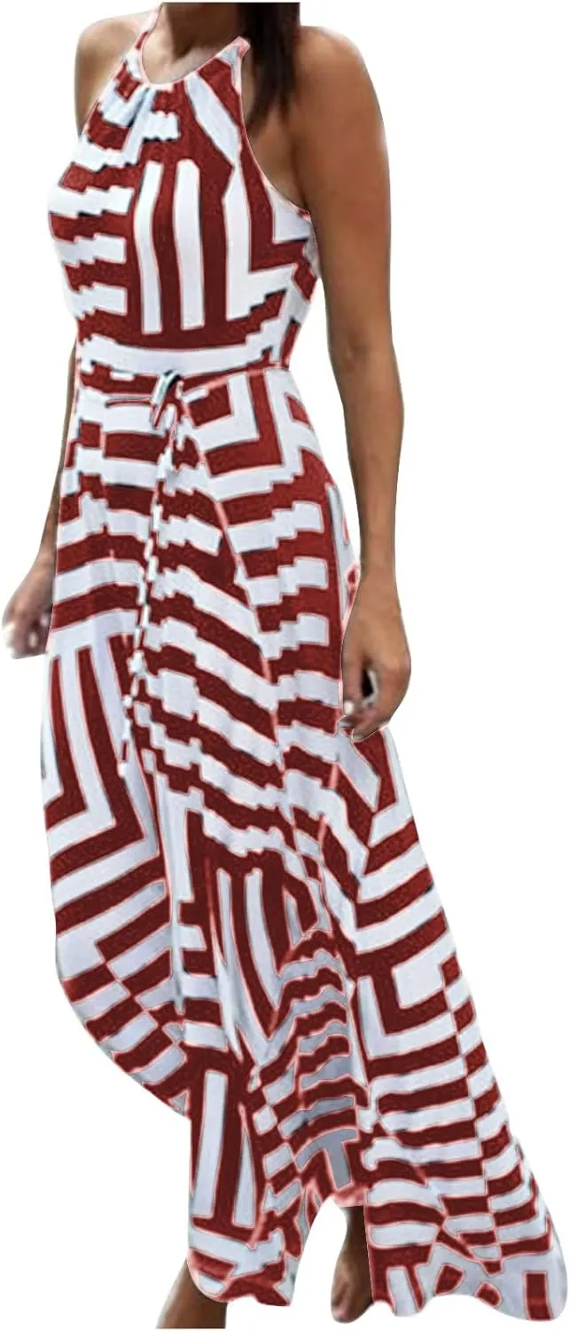 HGps8w Flowy Halter Dresses for Women Striped Sundress Summer Sleeveless Ruffle A Line Beach Vacation Maxi Dress
