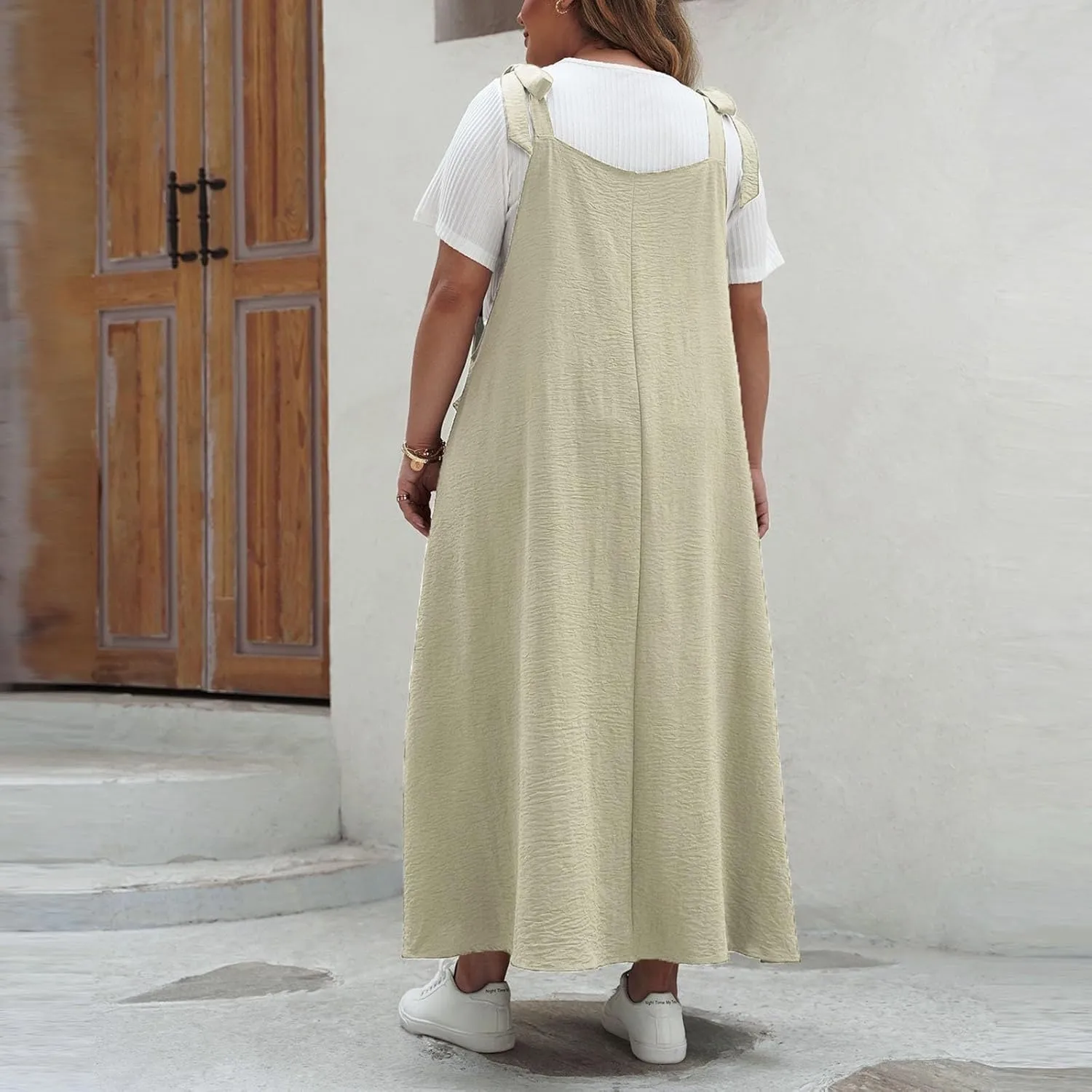 HGps8w Plus Size Womens Bib Overall Jumper Dress Loose Linen Adjustable Straps Suspender Pinafore Maxi Dress with Pockets