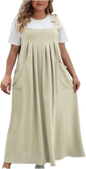 HGps8w Plus Size Womens Bib Overall Jumper Dress Loose Linen Adjustable Straps Suspender Pinafore Maxi Dress with Pockets