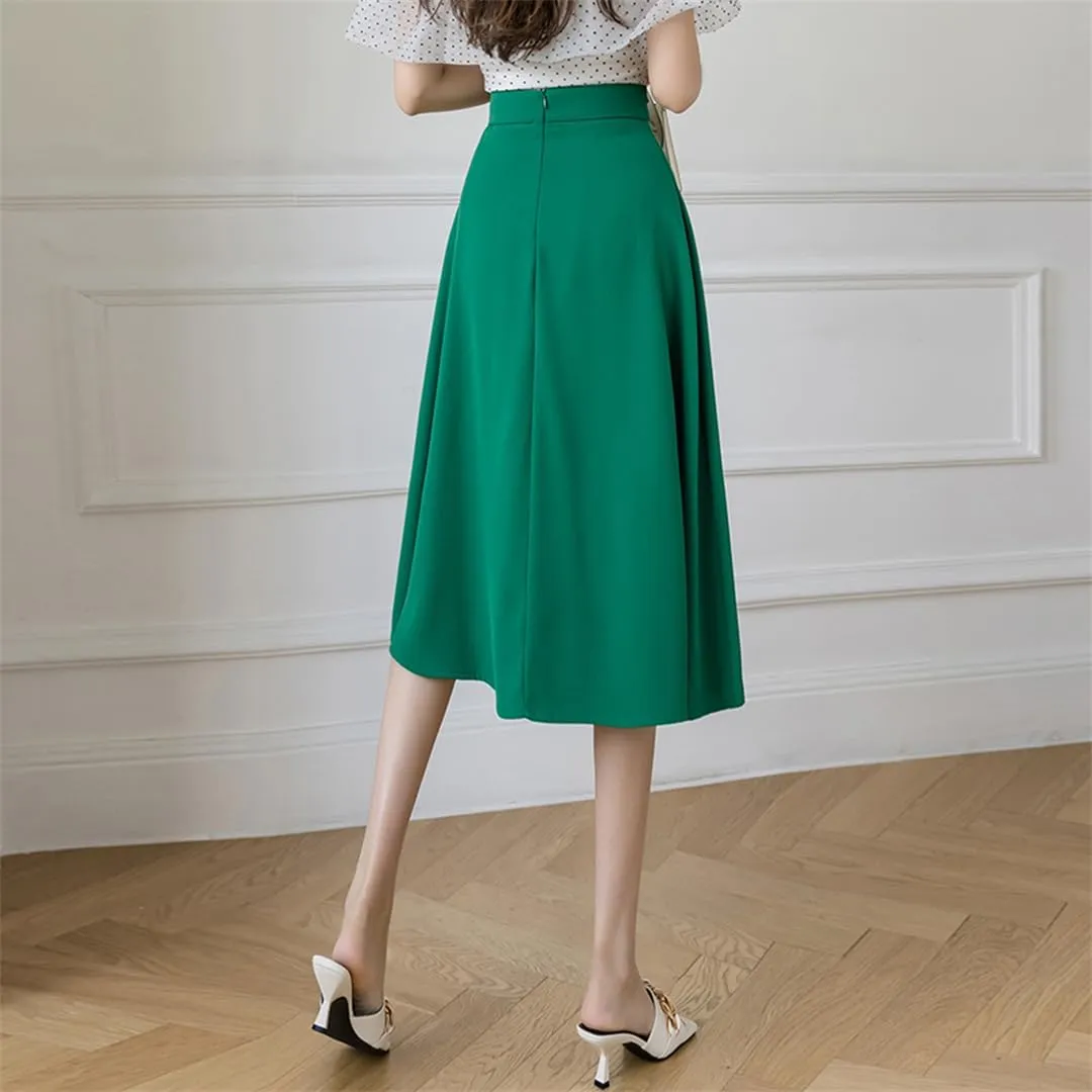High Waist Pleated Midi Skirts Women Office Lady Workwear Loose Solid A-Line Skirts