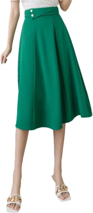 High Waist Pleated Midi Skirts Women Office Lady Workwear Loose Solid A-Line Skirts