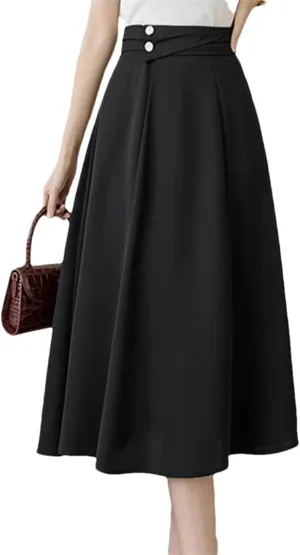 High Waist Pleated Midi Skirts Women Office Lady Workwear Loose Solid A-Line Skirts
