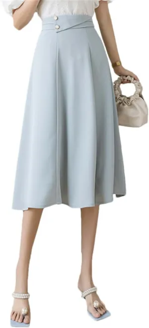 High Waist Pleated Midi Skirts Women Office Lady Workwear Loose Solid A-Line Skirts