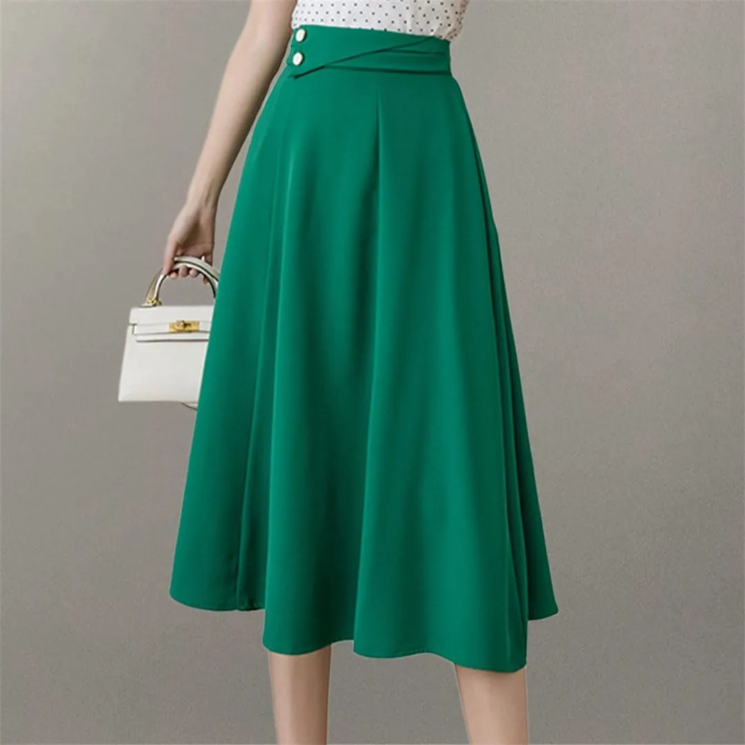 High Waist Pleated Midi Skirts Women Office Lady Workwear Loose Solid A-Line Skirts
