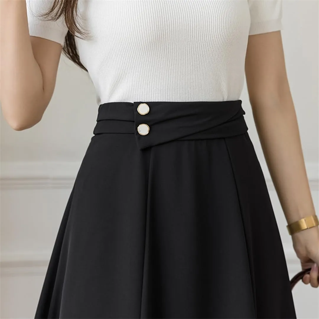High Waist Pleated Midi Skirts Women Office Lady Workwear Loose Solid A-Line Skirts