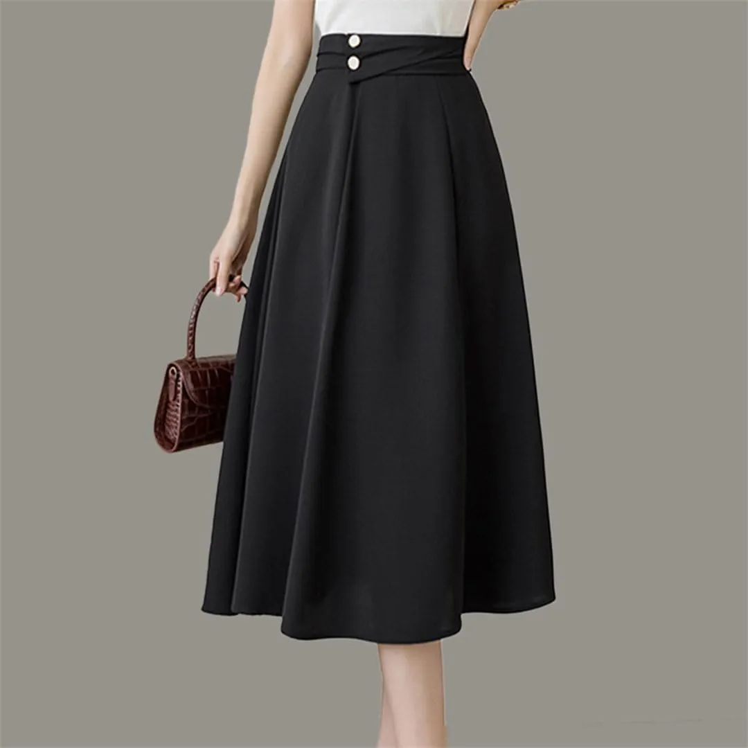 High Waist Pleated Midi Skirts Women Office Lady Workwear Loose Solid A-Line Skirts