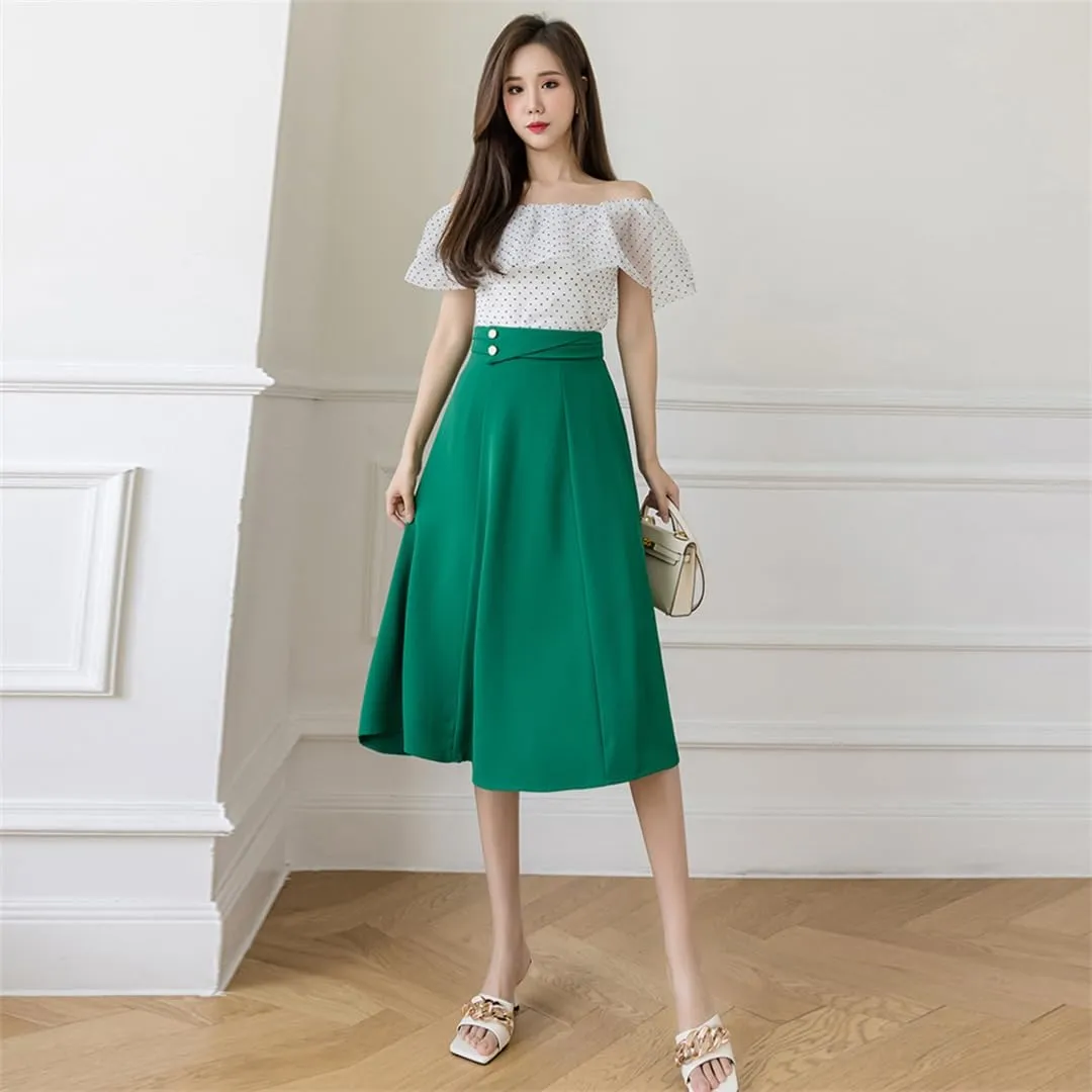 High Waist Pleated Midi Skirts Women Office Lady Workwear Loose Solid A-Line Skirts