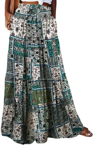 Hippie Maxi Skirts for Women 2025 Casual Bohemian Long Pleated Skirt Summer Elastic Waist Tiered A Line Boho Skirt