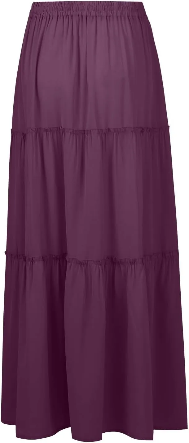 Hippie Maxi Skirts for Women 2025 Casual Bohemian Long Pleated Skirt Summer Elastic Waist Tiered A Line Boho Skirt