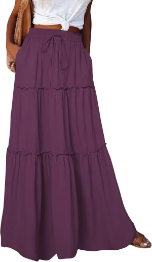 Hippie Maxi Skirts for Women 2025 Casual Bohemian Long Pleated Skirt Summer Elastic Waist Tiered A Line Boho Skirt
