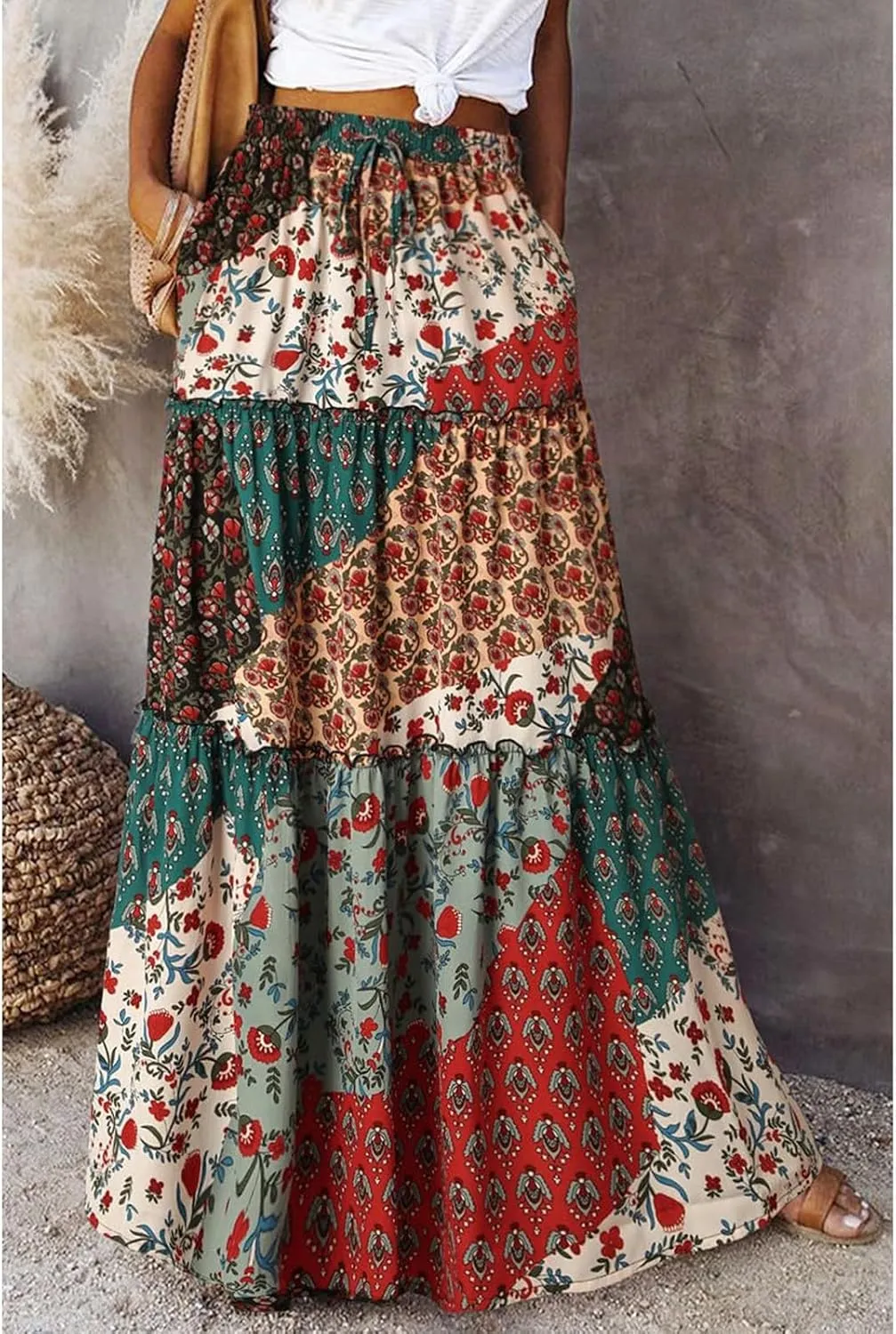 Hippie Maxi Skirts for Women 2025 Casual Bohemian Long Pleated Skirt Summer Elastic Waist Tiered A Line Boho Skirt