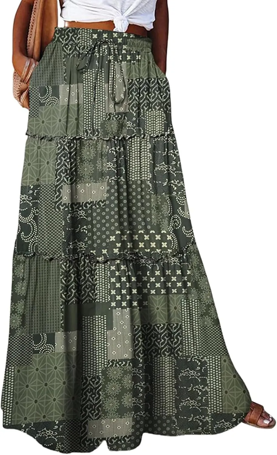 Hippie Maxi Skirts for Women 2025 Casual Bohemian Long Pleated Skirt Summer Elastic Waist Tiered A Line Boho Skirt