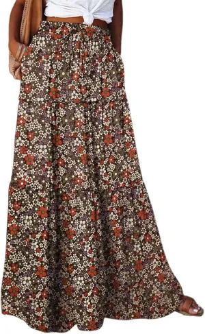 Hippie Maxi Skirts for Women 2025 Casual Bohemian Long Pleated Skirt Summer Elastic Waist Tiered A Line Boho Skirt