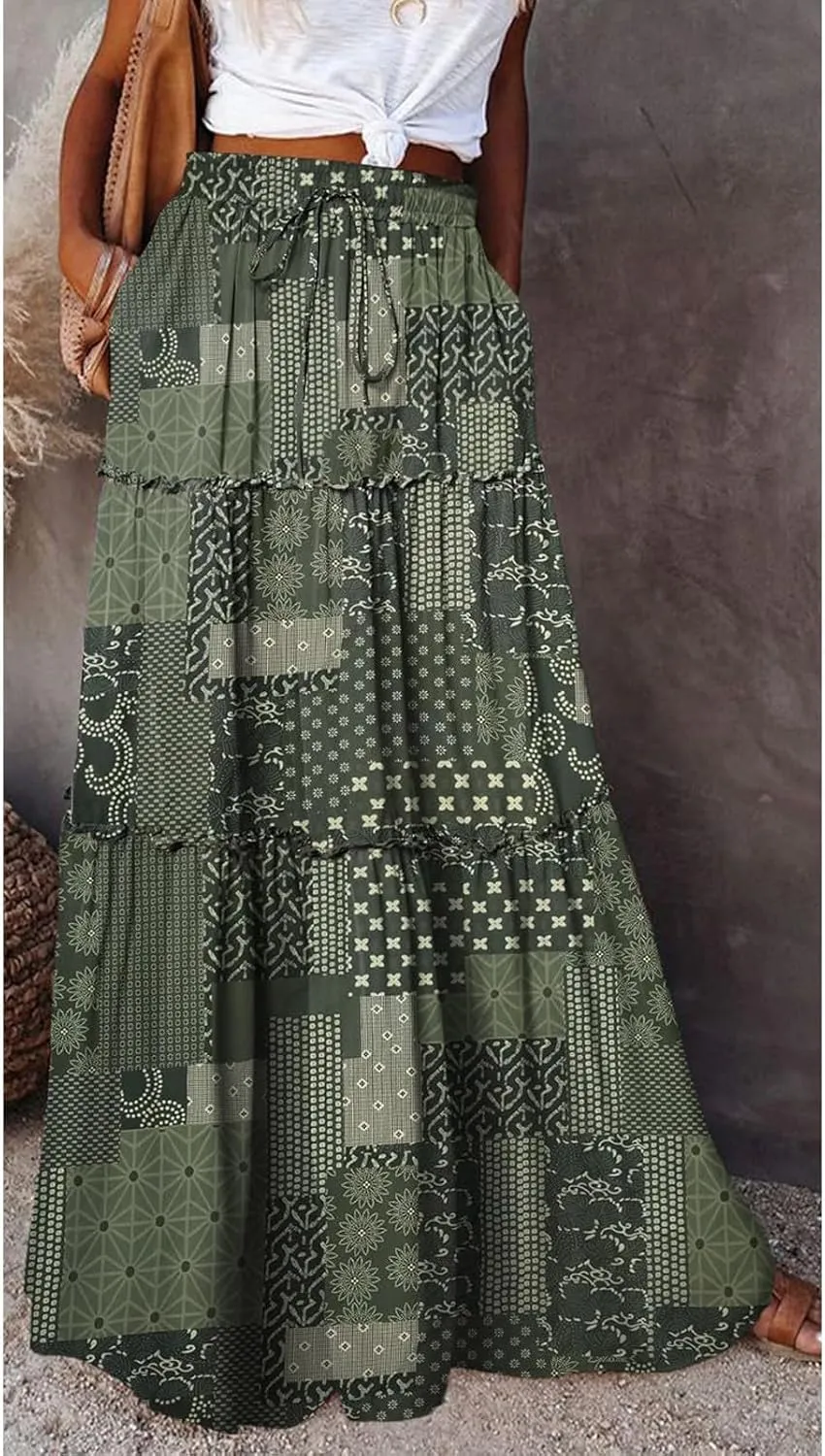 Hippie Maxi Skirts for Women 2025 Casual Bohemian Long Pleated Skirt Summer Elastic Waist Tiered A Line Boho Skirt