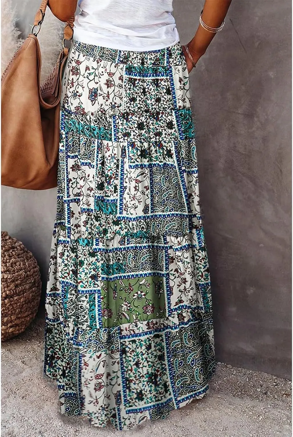 Hippie Maxi Skirts for Women 2025 Casual Bohemian Long Pleated Skirt Summer Elastic Waist Tiered A Line Boho Skirt