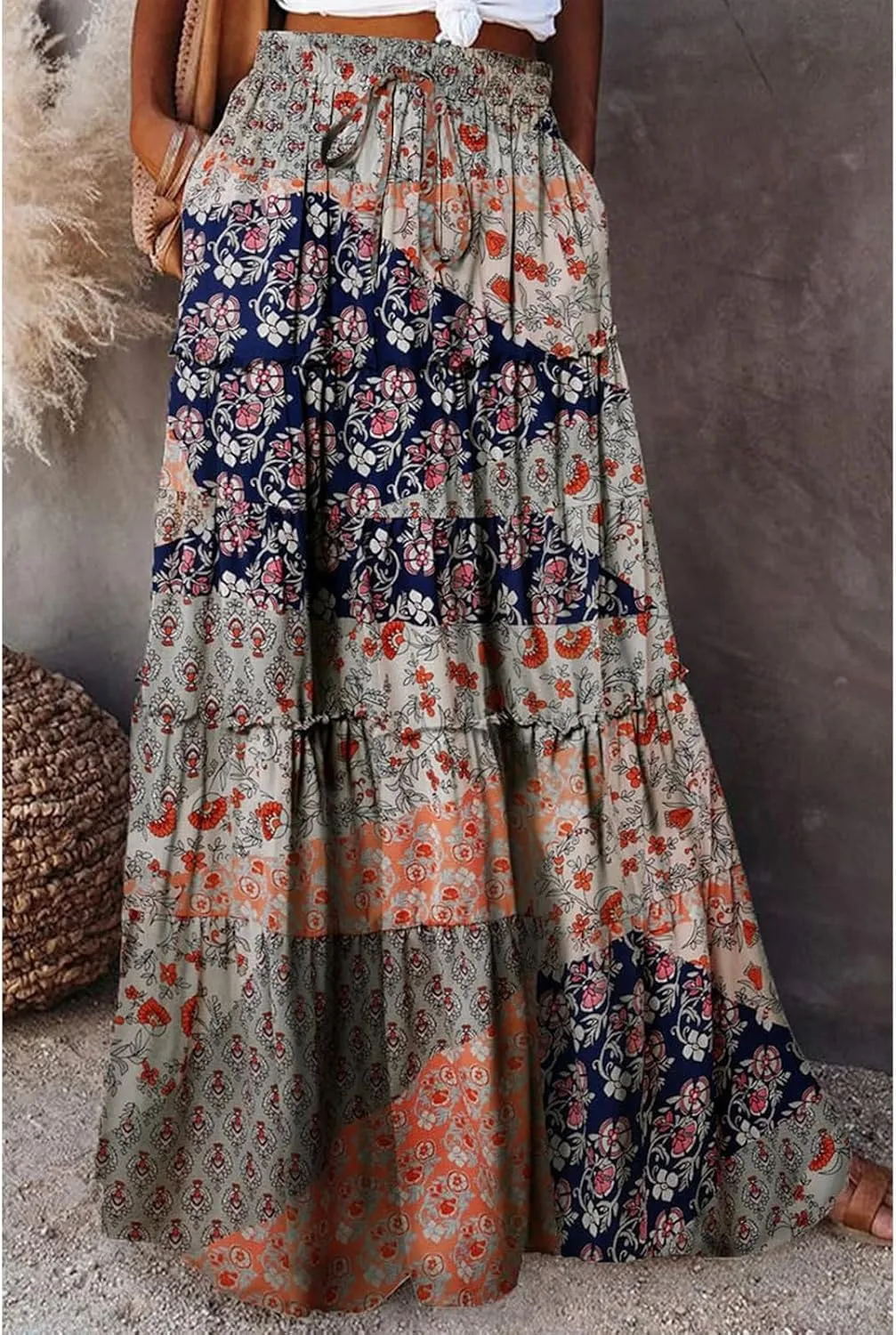 Hippie Maxi Skirts for Women 2025 Casual Bohemian Long Pleated Skirt Summer Elastic Waist Tiered A Line Boho Skirt