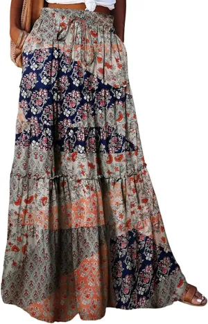 Hippie Maxi Skirts for Women 2025 Casual Bohemian Long Pleated Skirt Summer Elastic Waist Tiered A Line Boho Skirt