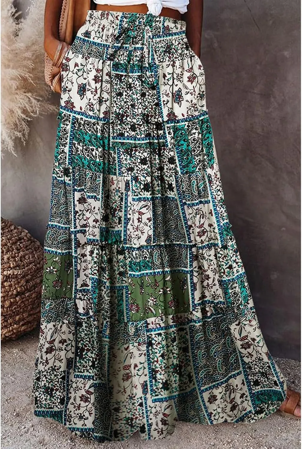 Hippie Maxi Skirts for Women 2025 Casual Bohemian Long Pleated Skirt Summer Elastic Waist Tiered A Line Boho Skirt