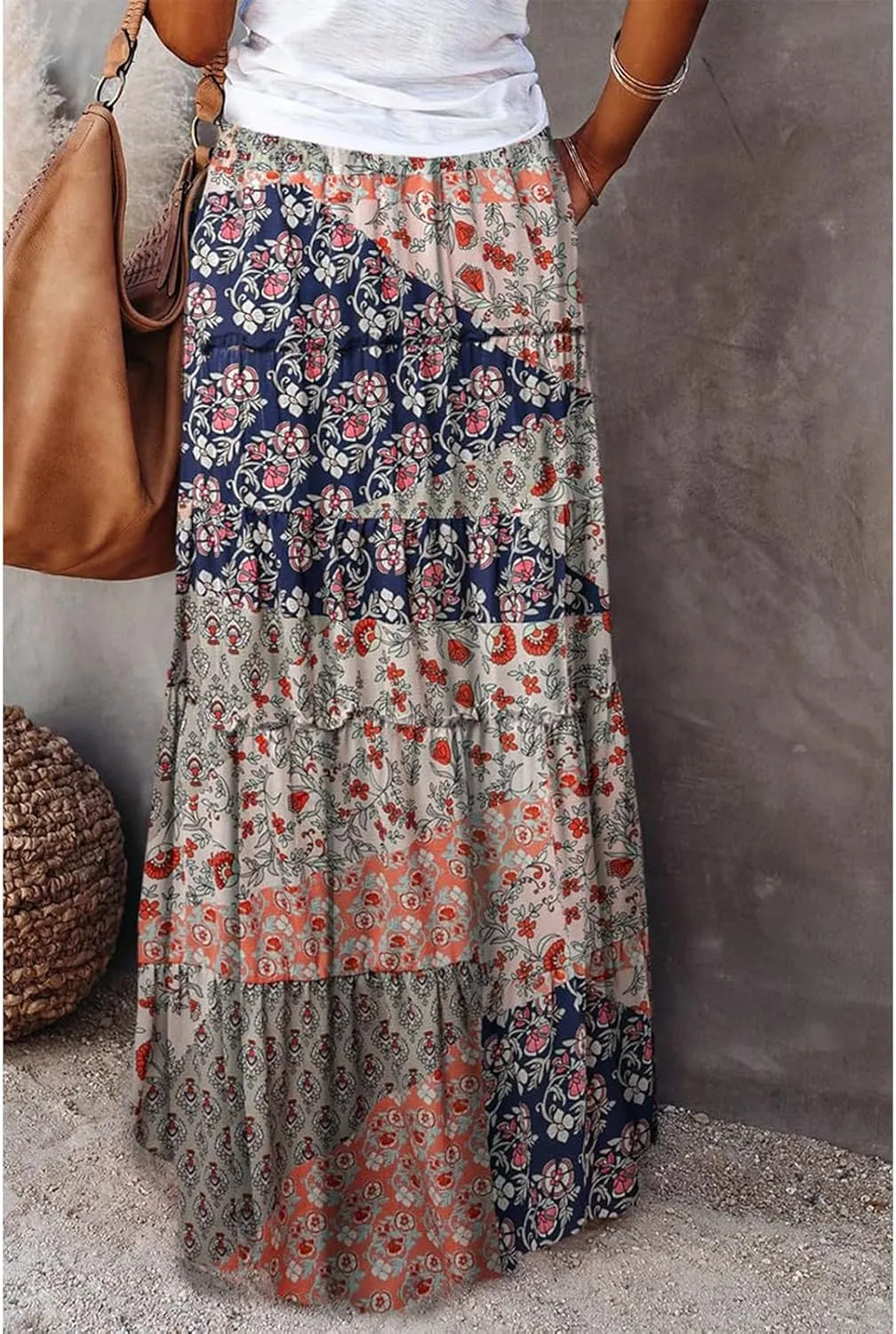 Hippie Maxi Skirts for Women 2025 Casual Bohemian Long Pleated Skirt Summer Elastic Waist Tiered A Line Boho Skirt
