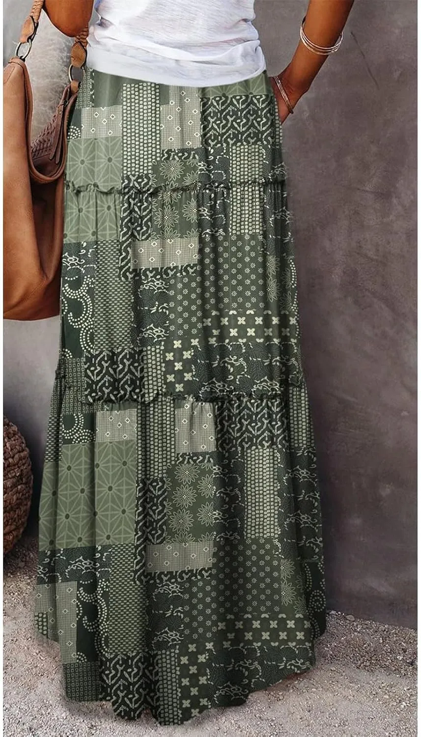 Hippie Maxi Skirts for Women 2025 Casual Bohemian Long Pleated Skirt Summer Elastic Waist Tiered A Line Boho Skirt