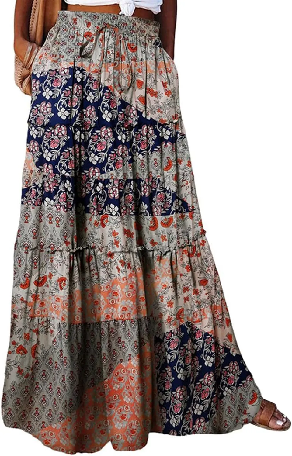 Hippie Maxi Skirts for Women 2025 Casual Bohemian Long Pleated Skirt Summer Elastic Waist Tiered A Line Boho Skirt