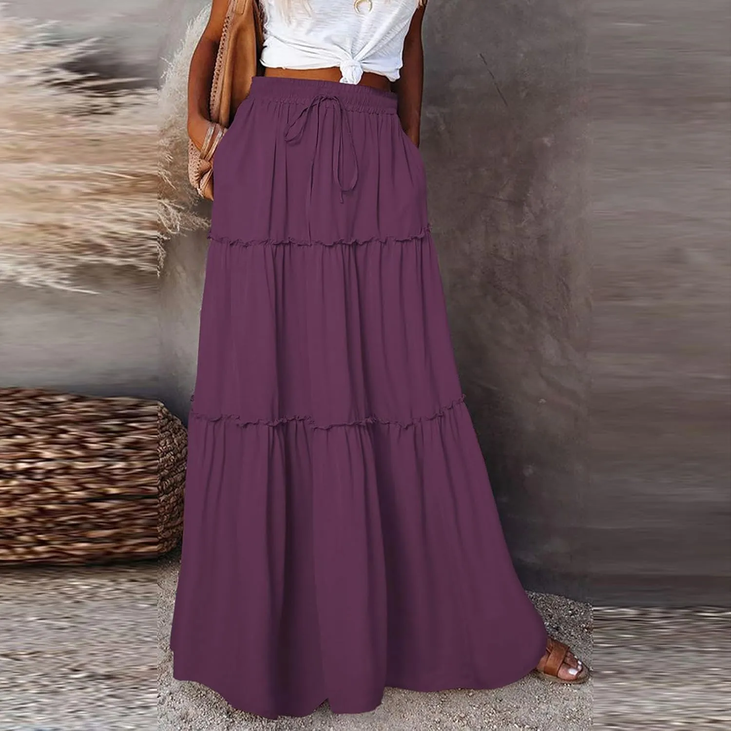 Hippie Maxi Skirts for Women 2025 Casual Bohemian Long Pleated Skirt Summer Elastic Waist Tiered A Line Boho Skirt