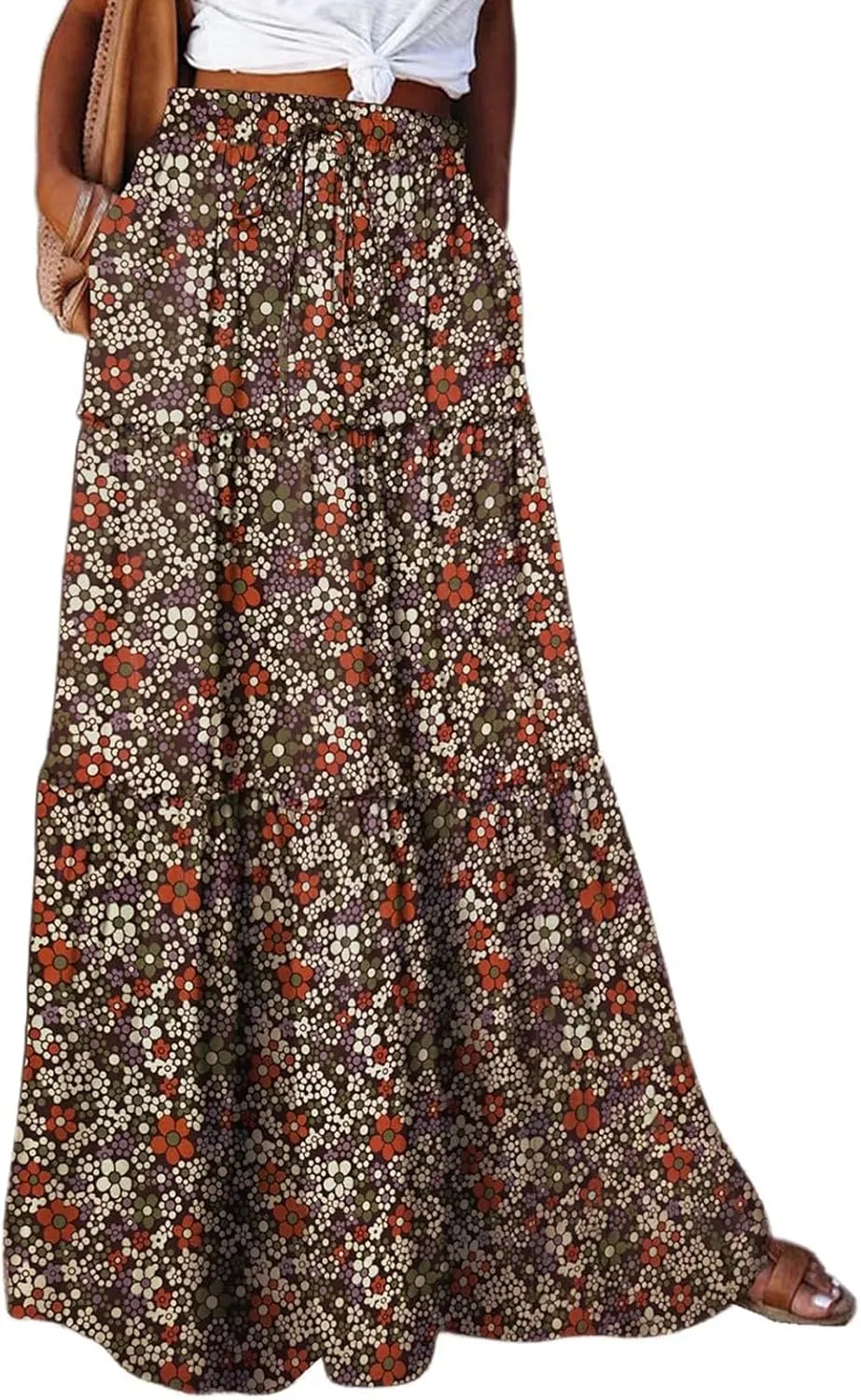 Hippie Maxi Skirts for Women 2025 Casual Bohemian Long Pleated Skirt Summer Elastic Waist Tiered A Line Boho Skirt