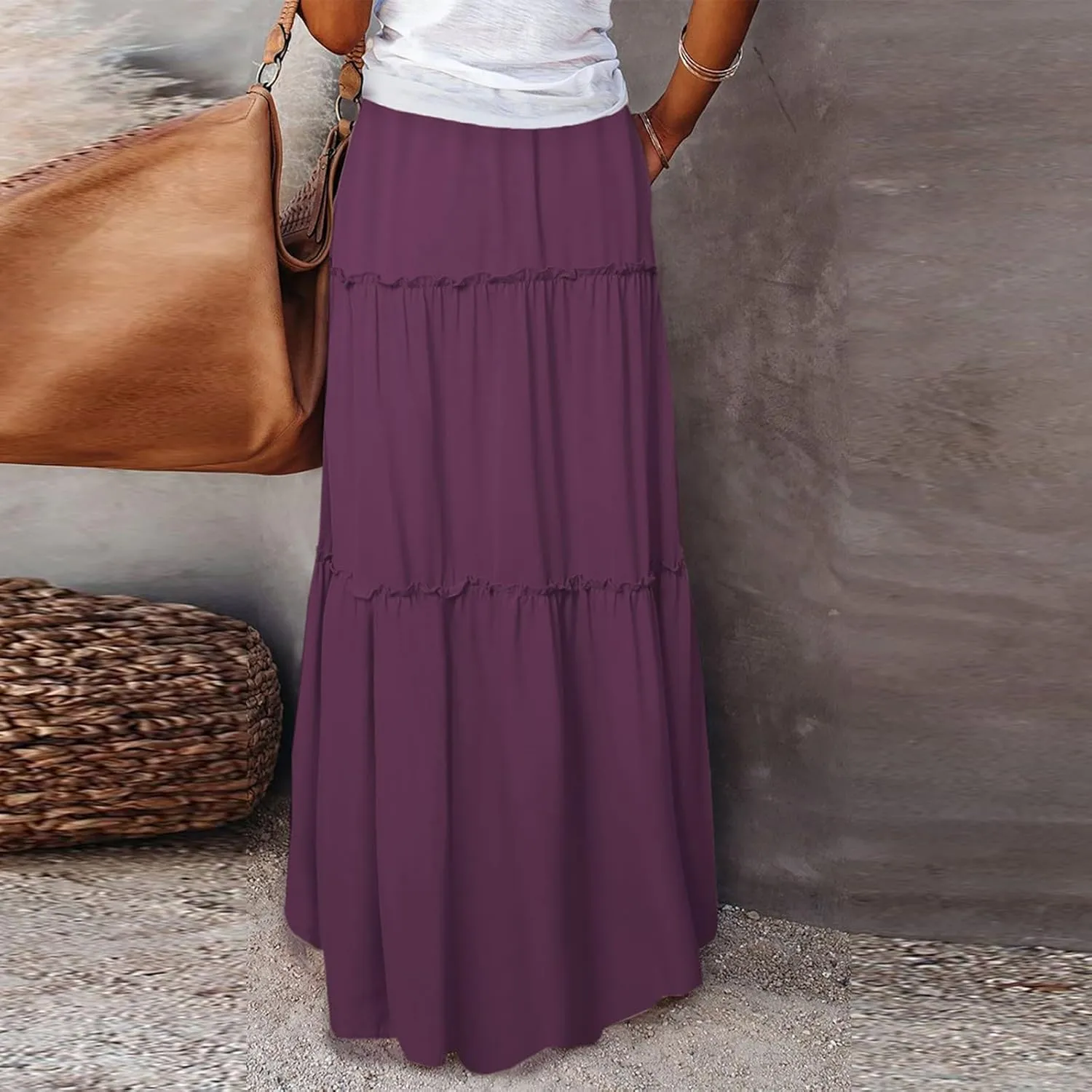 Hippie Maxi Skirts for Women 2025 Casual Bohemian Long Pleated Skirt Summer Elastic Waist Tiered A Line Boho Skirt