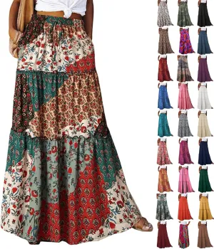 Hippie Maxi Skirts for Women 2025 Casual Bohemian Long Pleated Skirt Summer Elastic Waist Tiered A Line Boho Skirt