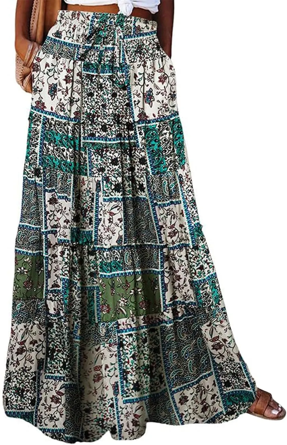 Hippie Maxi Skirts for Women 2025 Casual Bohemian Long Pleated Skirt Summer Elastic Waist Tiered A Line Boho Skirt
