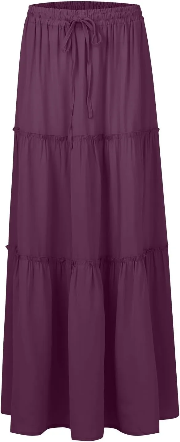 Hippie Maxi Skirts for Women 2025 Casual Bohemian Long Pleated Skirt Summer Elastic Waist Tiered A Line Boho Skirt