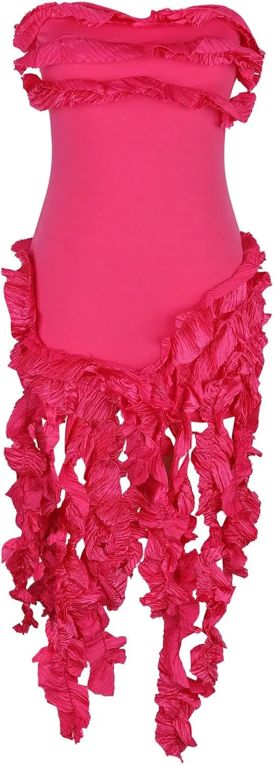 hlysgo Womens Ruffle Fringe Mini Dress Sexy Off Shoulder Cocktail Party Club Bodycon Tassel Dresses Sexy Y2k Dress
