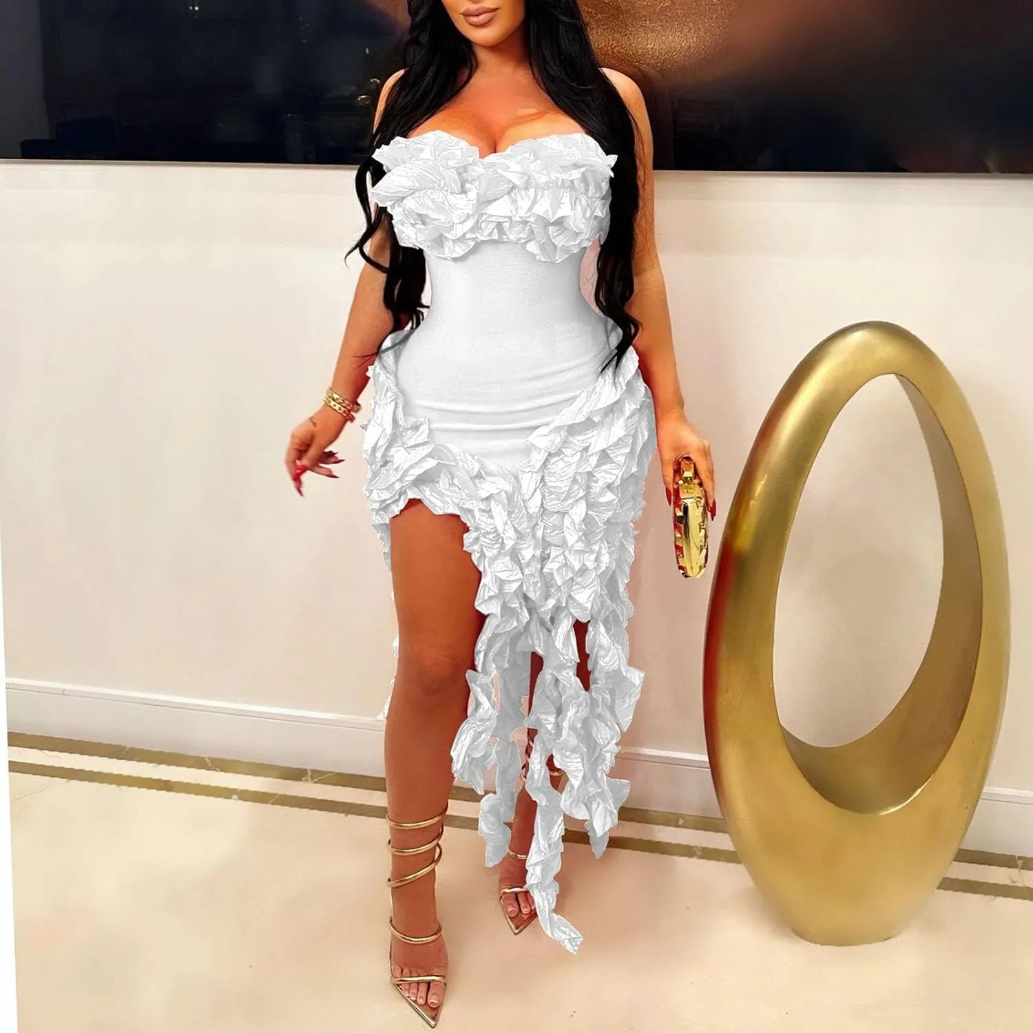 hlysgo Womens Ruffle Fringe Mini Dress Sexy Off Shoulder Cocktail Party Club Bodycon Tassel Dresses Sexy Y2k Dress